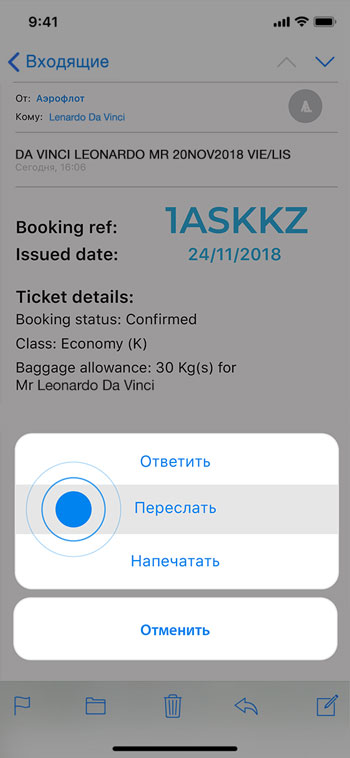 Перешлите письмо с бронированием